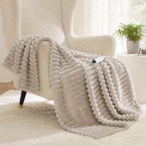 Bedsure Heated Blanket Electric Throw - Thick Striped Flannel Electric Blanket, Heating with 4 Time Settings, 6 Heat Settings, and 3-Hour Timer Auto Shut Off, Gift for Grandma (50x60 inches, Linen) - Image 1