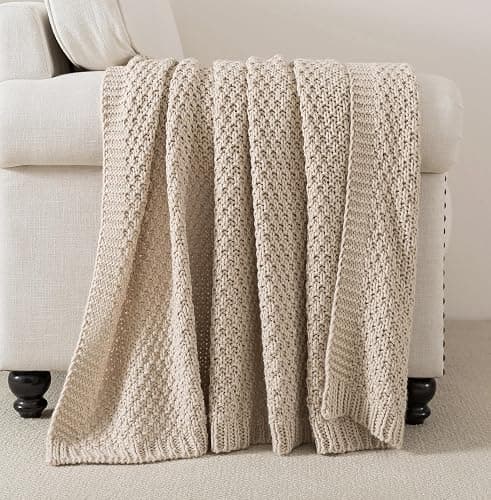 WDCOZY Chunky Cable Knit Throw Blanket Super Soft Warm Knitted Throw Blanket for Couch, Sofa, Chair, Bed Lightweight Breathable Cozy Comfortable Home Decorative Camel Tan Beige 50x60 Inches - Image 1