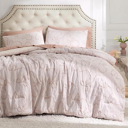 Bedsure Pink Comforter Set Queen, GentleSoft™ 3 Pieces Breathable Bow Comforter Set Women Girls with 2 Pillow Shams, Cute Queen Bedding Sets Pink Room Decor Aesthetic Bedroom Decor, 90x90 Inches - Image 1