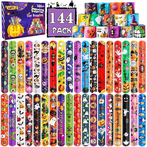 LUYI 144 PCS Halloween Slap Bracelets,Halloween Party Favors Supplies for Kids-108 Different Designs Bracelets Bulk for Halloween Decorations Treat Toys Bag Stuffers Gift for Kids Girls Boys - Image 1