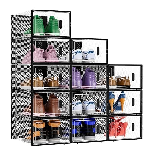 BALEINE 12 Pack Stackable Shoe Storage Boxes Fit Size 9, Thickened Clear Shoe Box Bins with Lids, Plastic Foldable Organizer Sneaker Storage Containers (Large, Black) - Image 1