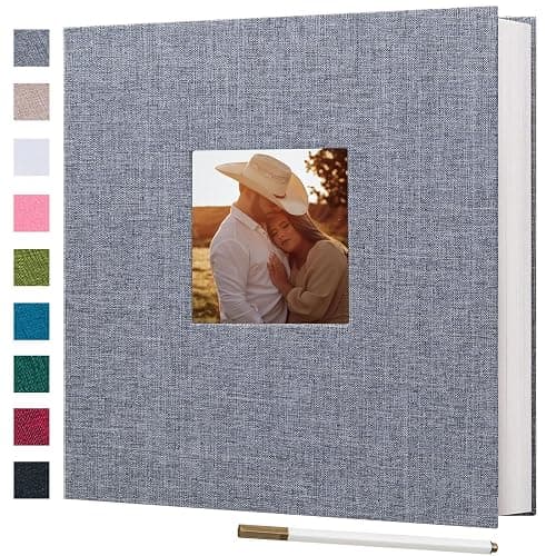 Finksy 13.2x12.8 Inch Self Adhesive Photo Album Linen Cover 80 Pages Sticky 3x5 4x6 5x7 6x8 8x10 8.5x11 Magnetic DIY Scrapbook Photo Album with A Metallic Pen - Image 1