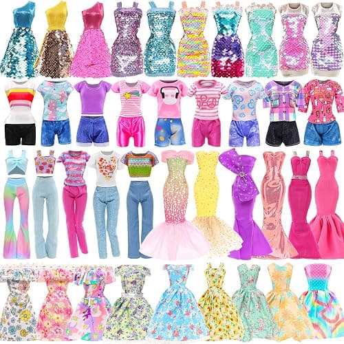 BARWA 11 Sets Doll Clothes Including 2 Sequins Dresses 5 Mermaid Floral Dresses 4 Casual Outfits Tops and Pants for 11.5 inch Girl Dolls - Image 1