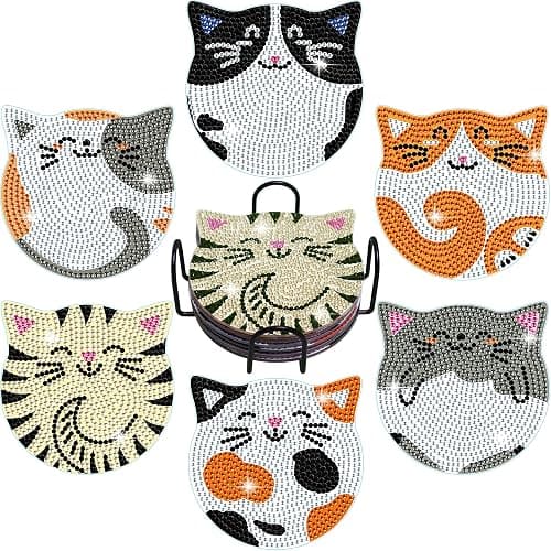 Vcekract Diamond Painting Coasters Kits, 6 Pcs Cat Diamond Art Coasters with Holder, Crafts Kits for DIY Coasters, Diamond Art Kits for Adults - Image 1