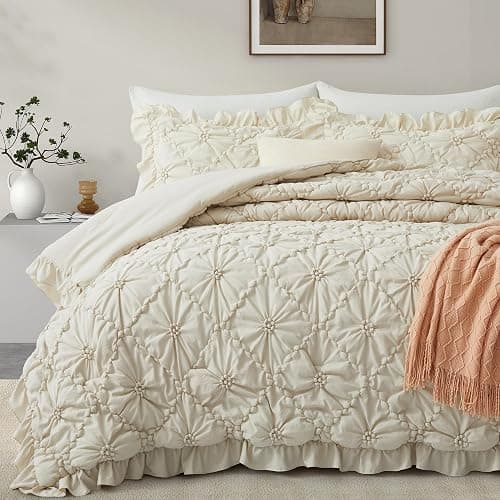 BEDAZZLED King Size Comforter Sets, Beige Bedding Comforter Set, 3 Pieces Pinch Pleat Bedding Sets with Comforter and Pillowcases Soft Farmhouse Shabby Chic Comforter for All Season - Image 1
