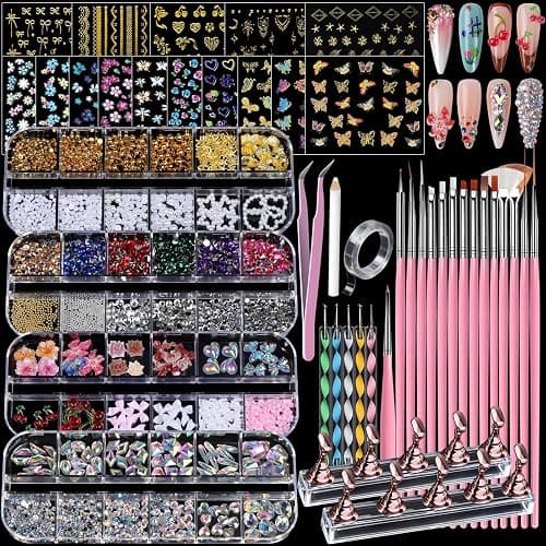 Teenitor 4 Boxes Nail Charms and Gems Set, Nail Rhinestones Nail Kit with Nail Art Brushes Nail Stand, Nail Gems Nail Design Tools with 15pcs Nail Stickers, Gold Nail Pearls for Women Nail Decorations - Image 1