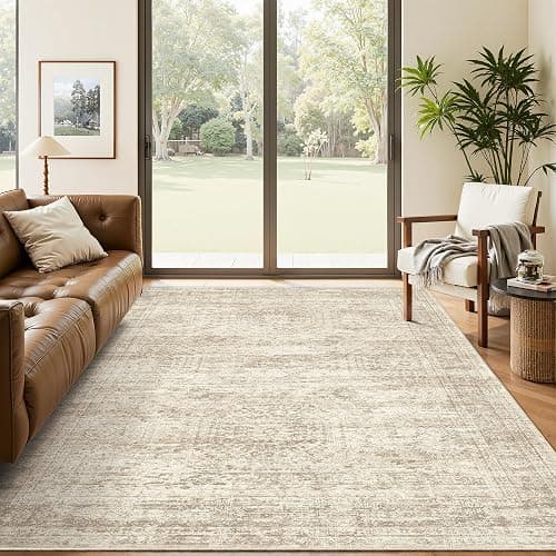 Soalmost 5x7 Area Rugs Beige Low Pile Washable Trendy Faded Style Rug | Vintage Non-Slip Indoor Accent for Bedroom Dining, Foldable Stain Resistant Floor Carpet Mat Under Table Home Office Decor - Image 1
