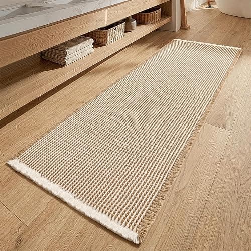 MIULEE Waffle Bathroom Runner Rugs, Super Absorbent Non Slip Bath Rug, Soft Quick Dry Washable Boho Large Beige Bath Mat with Tassels for Hallway Laundry Room Bedroom, 2'x6' (24"x72"), Brown & White - Image 1