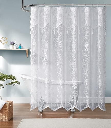 Warm Home Designs White Lace Shower Curtain 72 x 72 Inches with Attached Valance & 7 Tassels. Luxury Farmhouse Shower Curtains for The Bathroom or Boho Shower Curtains for Bathroom. LA White 72" - Image 1