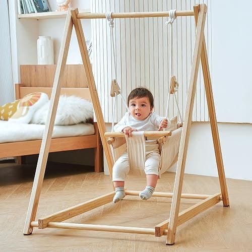 Avenlur Spruce Baby and Toddler Foldable Swing Set with Stand - Premium Montessori, Waldorf Style Self-Standing Indoor Swingset for Children 6m to 3 Yrs - Perfect for Home, Child Day Care, & Preschool - Image 1