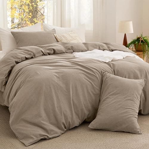 Bedsure Comforter Set King Size - Cotton Fabric with Microfiber Inner Fill, Taupe PureWoven Soft Bed Set for All Seasons, 3 Pieces, 1 Comforter (104" x 90") and 2 Pillow Cases (20" x 36") - Image 1