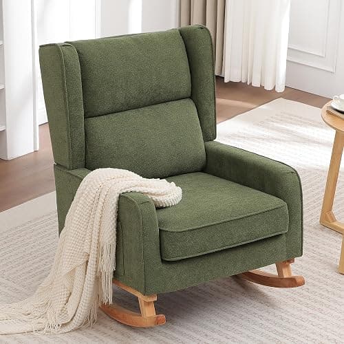 HCHAIRH Nursery Rocking Chairs, Rocking Chair Nursery for Mom Nursery Rocker with High Backrest and Solid Wood Legs, Modern Wingback Accent Rocking Chair for Reading Living Room Bedroom Green - Image 1