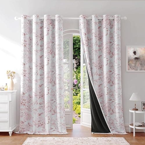 Beauoop Floral 100% Blackout Curtains 84 Inches Long 2 Panels for Bedroom Living Room Pink White Farmhouse Dusty Rose Flower Patterned Room Darkening Thermal Grommet Window Treatments Drapes, 50X84 - Image 1