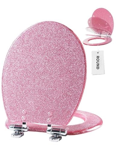 Angol Shiold ROUND Resin Toilet Seat Glitter Pink Soft Close Quick Release Adjustable Metal Hinge Easy to Install also Easy to Clean Decorative Acrylic Seats (17 Inch, Pink Glitter, Ugraded hinge) - Image 1