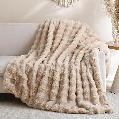 Smoofy Faux Fur Throw Blanket for Couch – Linen Fluffy Cozy Rabbit Fleece, Plush Soft Bubble Blanket for Sofa & Bed, for Mom, Warm Fuzzy Home Room Decor Throw 60" x 80" - Image 1