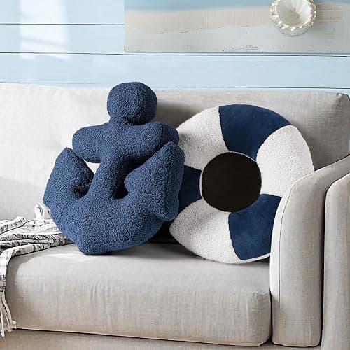AELS 3D Anchor & Lifebuoy Nautical Throw Pillows, 19.6"& 15.7" Set of 2, Coastal Decor for Beach Enthusiasts Beach House, Ideal for Sofa Couch Living Room Bedroom and Nursery, Navy Blue and White - Image 1