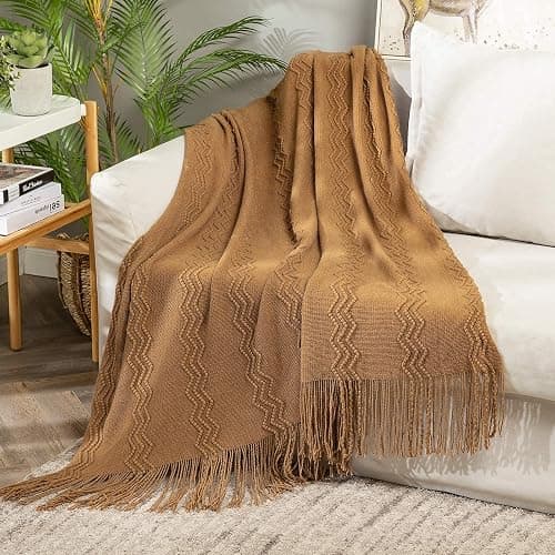 MIULEE Knitted Brown Throw Blanket for Couch,Boho Bed Decor Knit Outdoor Blankets Throw Size with Tassels Cozy Woven for Sofa Home Chair Wave Pattern 50" x 60" Inches - Image 1