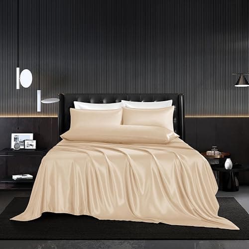HommxJF 5Pcs Champagne Silk Sheets Full Size Satin Sheets Set with 1 Satin Flat Sheet,1Deep Pocket Fitted Sheet,3 Pillowcases with Envelope Closure - Image 1