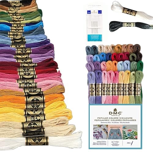 DMC Embroidery Floss Pack, Popular Colors, DMC Embroidery Thread, DMC Floss Kit Include 36 Assorted Color Bundle with DMC Mouline Cotton White/Black and DMC Cross Stitch Hand Needles. - Image 1