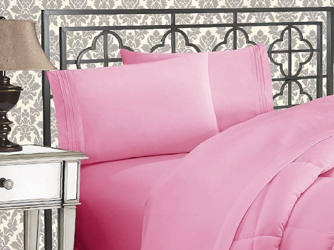 Elegant Comfort Luxurious 1500 Premium Hotel Quality Microfiber Three Line Embroidered Softest 4-Piece Bed Sheet Set, Wrinkle and Fade Resistant, Full, Light Pink - Image 1