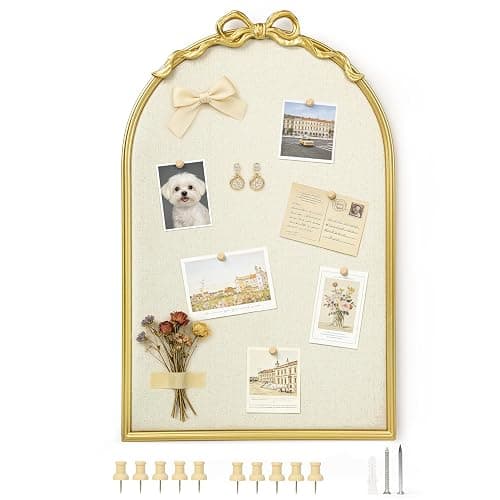AELS Large Vintage Arched Bulletin Board with Antique Gold Bow and Metal Frame, Linen Fabric Pin Board, Decorative Wall Memo Board for Home Office, Entryway & Kitchen Décor, 15.9"X24.6" - Image 1
