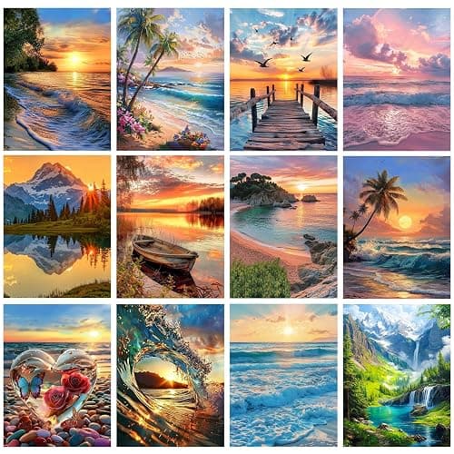 CreateJoy 12 Pack 5D Diamond Art Kits for Adults - Beach Diamond Art DIY Paint with Round Full Drill Diamond dots for Beginners, Gem Paintings for 12X16 Inch Home Wall Decor - Image 1