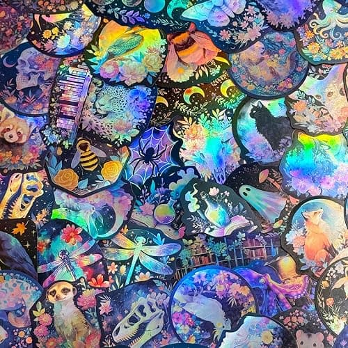 50PCS Holographic Nature Floral Aesthetic Stickers – Waterproof Vinyl Wildlife Animal & Celestial Fantasy Decals for Scrapbooking, Journaling, Laptop, Water Bottle Decoration - Image 1