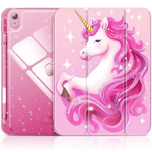 INFILAND Compatible with iPad A16 11th Generation 11 Inch 2025 Case, iPad Case 10th Generation 10.9 Inch, Glitter Cover with Sparkly Clear Back, Pencil Holder, for Kids Girls (Pink Unicorn Dream) - Image 1