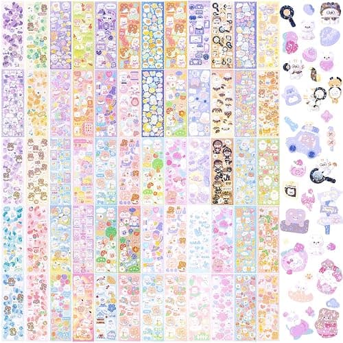 HINZIC 60 Sheets Korean Stickers Kpop Deco Stickers for Photocard Self Adhesive Colorful Stickers Cute Korean Stickers with Rabbit Bear Flower Cake for DIY Arts Craft Cards Scrapbooking Valentine Gift - Image 1