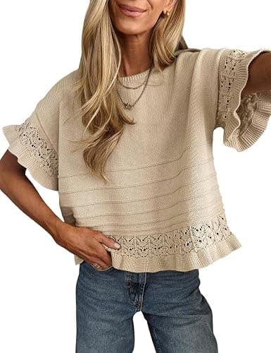 Yeokou Womens Short Sleeve Sweater Round Neck Ruffled Hem Knit Crochet Pullover Summer Fall Casual Top Blouse - Image 1