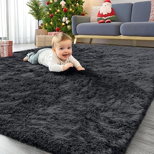 OLANLY Area Rugs for Living Room Bedroom, Machine Washable 4x5.9 ft Soft Fluffy Shaggy Bedside Rug, Indoor Floor Carpet for Kids Girls and Boys, Dorms, Nursery Rooms, Home Decor Aesthetic, Black - 4x5.9 ft - Black - Image 1