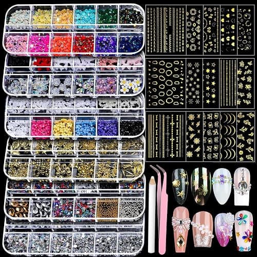Teenitor Nail Charms Nail Gems with 15 Sheets Gold Nail Stickers, 6 Boxes of Rhinestones for Nails Art Tools, 3D Nail Decals Pearls for Nails - Image 1
