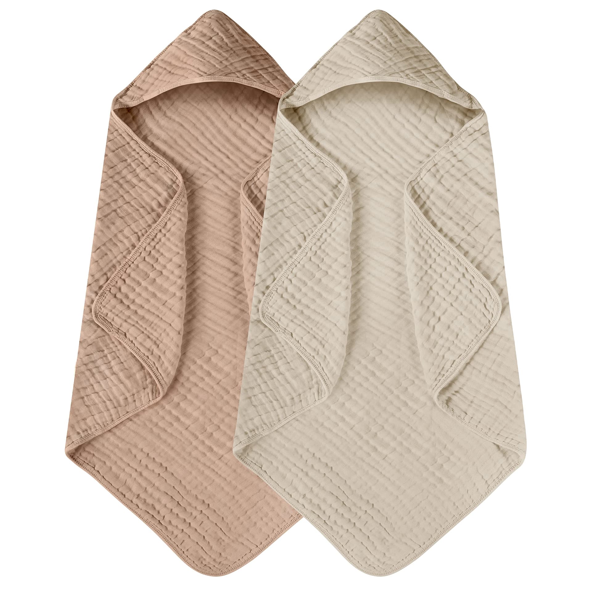 Yoofoss Hooded Baby Towels for Newborn 2 Pack 100% Muslin Cotton Baby Bath Towel with Hood for Babies, Infant, Toddler and Kids, Large 32x32Inch, Soft and Absorbent Newborn Essential - Beige & Coffee - Image 1