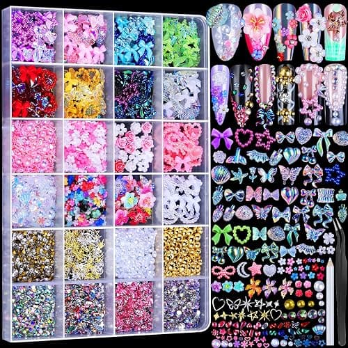 FAMDAMEI 24 Grid Nail Charms, Nail Art Kit with Multi Shapes Nail Charms and Gems, Flatback AB Nail Rhinestones Gold Nail Pearls, Charms Y2K for Nails, 3D Hawaii Flowers Nail Jewels for Nail Design - Image 1