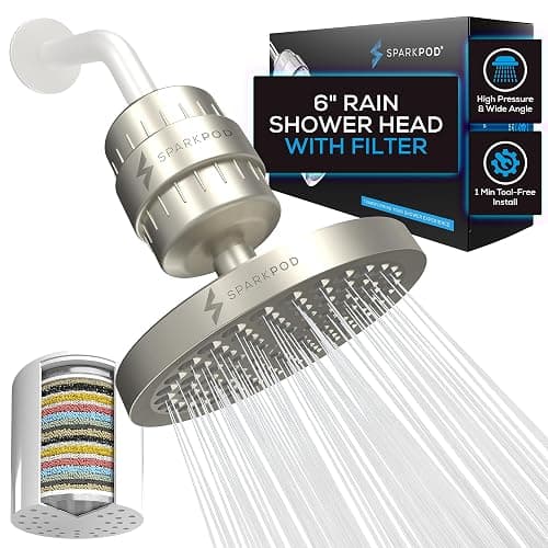 SparkPod Luxury Filtered Shower Head Set 23 Stage Shower Filter - Reduces Chlorine and Heavy Metals - High Pressure Showerhead Filter (6" Round, Brushed Nickel) - Image 1