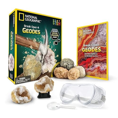 NATIONAL GEOGRAPHIC Break Open 4 Geodes Science Kit – Includes Goggles and Display Stand - STEM Science Gift for Boys and Girls, Break Your Own Geodes with Crystals (Amazon Exclusive) - Image 1