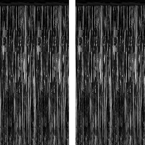 ZATAYE 2 Pack Black Foil Curtain Backdrop Birthday Party Decorations | Black, Metallic Foil, 3.28 x 7.05 FT, Tinsel Backdrop, Foil Curtain Streamer, Halloween New Years Eve Party - Image 1
