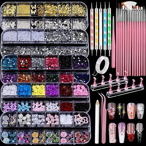Teenitor Nail Charms and Nail Art Tools Set, Nail Art Kit with 5 Boxes of 3D Nail Charms and Gems Rhinestones, 15 Pcs Nail Art Brushes, 5 Pcs Nail Dotting Tools, 2 Set of Nail Stand - Image 1