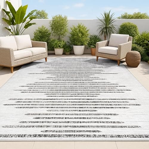 JONATHAN Y SMB124D-5 Zolak Berber Stripe Geometric Indoor Outdoor Area Rug Bohemian Contemporary Easy Cleaning Bedroom Kitchen Backyard Patio Non Shedding, 5 X 8, Ivory/Black - Ivory/Black - 5'2" x 7'5" (Rectangular) - Image 1