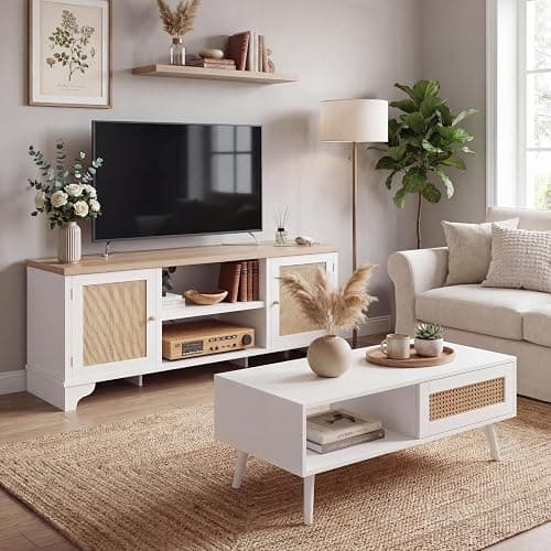 IDEALHOUSE 2 Piece Living Room Set, 62" TV Stand Coffee Table, White | Rattan TV stand and matching coffee table provide concealed storage and display space for an organized living room setup - Image 1