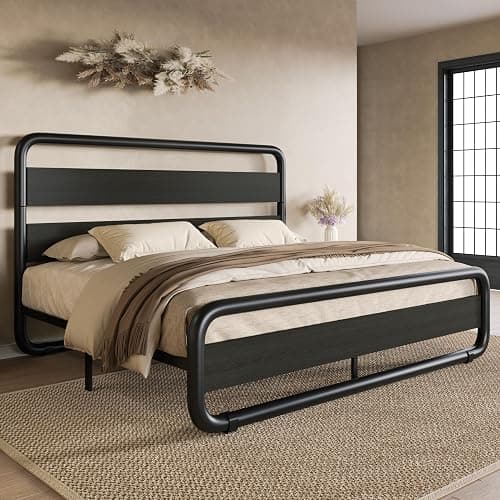 SHA CERLIN Queen Size Metal Bed Frame with Wooden Headboard and Footboard, Heavy Duty Oval-Shaped Platform Bed with Under-Bed Storage, Noise Free, No Box Spring Needed, Black - Image 1