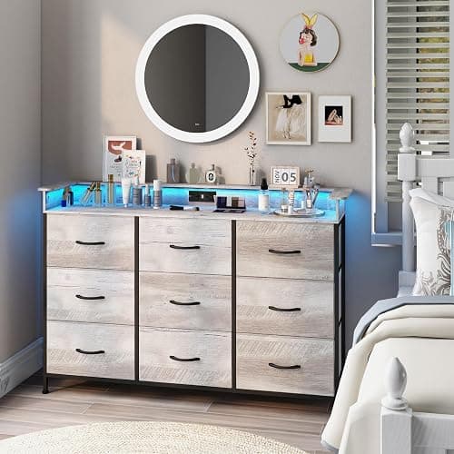 EXOTICA Dresser with Charge Station 9 Drawers Dresser for Bedroom with LED Lights Tall Wide Fabric Dressers & Chests of Drawers for Closet Hallway Entryway Sturdy Steel Frame Wood Top - Image 1