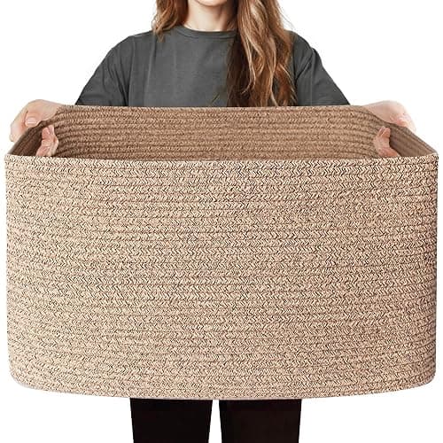 WILLITAT Large Storage Basket for Blankets, 75L Woven Blanket Storage for Living Room, Cotton Rope Baskets for Organizing, Kids Dog Toy Bin Box, Rectangle Pillow Holder Organizer, 22”x17”x12” - Image 1