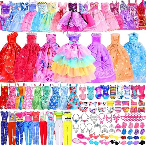 91 Pack Doll Clothes and Accessories, 5 Wedding Gowns 5 Fashion Dresses 3 Tops 3 Pants 3 Bikini Swimsuits 4 Slip Dress 20 Shoes 40 Hangers 8 Accessories for 11-12 Inch Dolls Gift for Ages 6 7 8 9 10 - Image 1