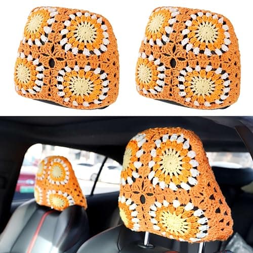 CSWCS 2PCS Crochet Seat Headrest Cover,Car Head Rest Protector,Cute Sunflower Car Accessories for Women, Universal Seat Cover Boho Car Decor Fit Sedans,SUVs,Trucks (62Orange-Sunflower) - Image 1