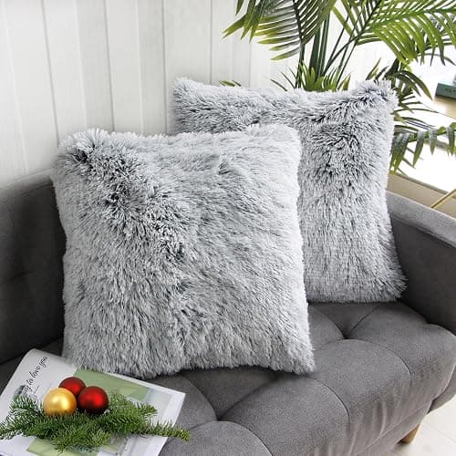 Uhomy 2 Packs Fluffy Accent Pillows Cover 18"x18", Soft Gray Ombre Faux Fur Throw Pillow Case, Modern Luxury Decorative Square Cushion Cover for Farmhouse Home Decor for Sofa/Bed/Chair, 45x45cm - Image 1