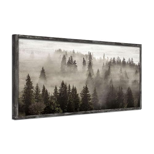 Foggy Forest Wooden Wall Art: Landscape Mountain Artwork Prints with Wooden Framed for Living Room (40”W x 20”H, Multi-Sized) - Image 1