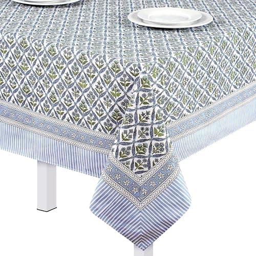 Newtay 60'' x 90'' Hand Block Print Mahjong Table Cloth Square Cotton Floral Tablecloth Washable Print Rectangle Table Cover with Dust Proof for Kitchen Dining Party(60'' X 90'',Light Steel,Blue) - Image 1