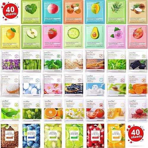 Meleell Collagen Sheet Face Masks Skincare Bulk Pack,Hydrating Spa Face Mask For Sensitive Skin,Anti Aging Facial Masks Sets For Women/Teen Girls(40 Combo Pack) - Image 1