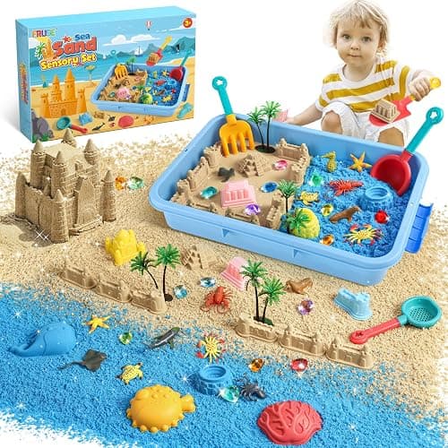 FRUSE Ocean Sensory Bin,Play Sand Art Kit with 2.2lbs Play Sand,12 Sea Animal Toys,Sand Molds,Role Play Beach Toy Sandbox Toys for Toddlers 3 4 5 6 7 - Image 1
